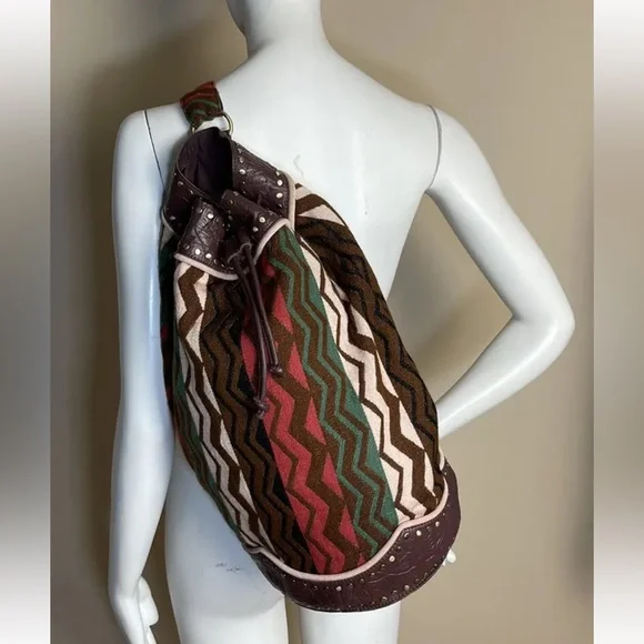 Free People Zola Leather Trimmed Tapestry Sling Bag Wavy Baby Stripes NWOT $198 - Picture 3 of 6